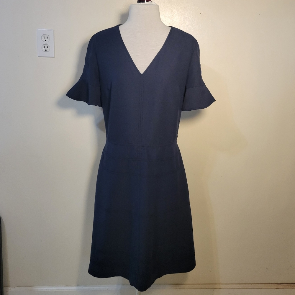 Banana Republic: Women's 10 (Tall) Knee-Length Flutter Sleeve Navy Career Dress